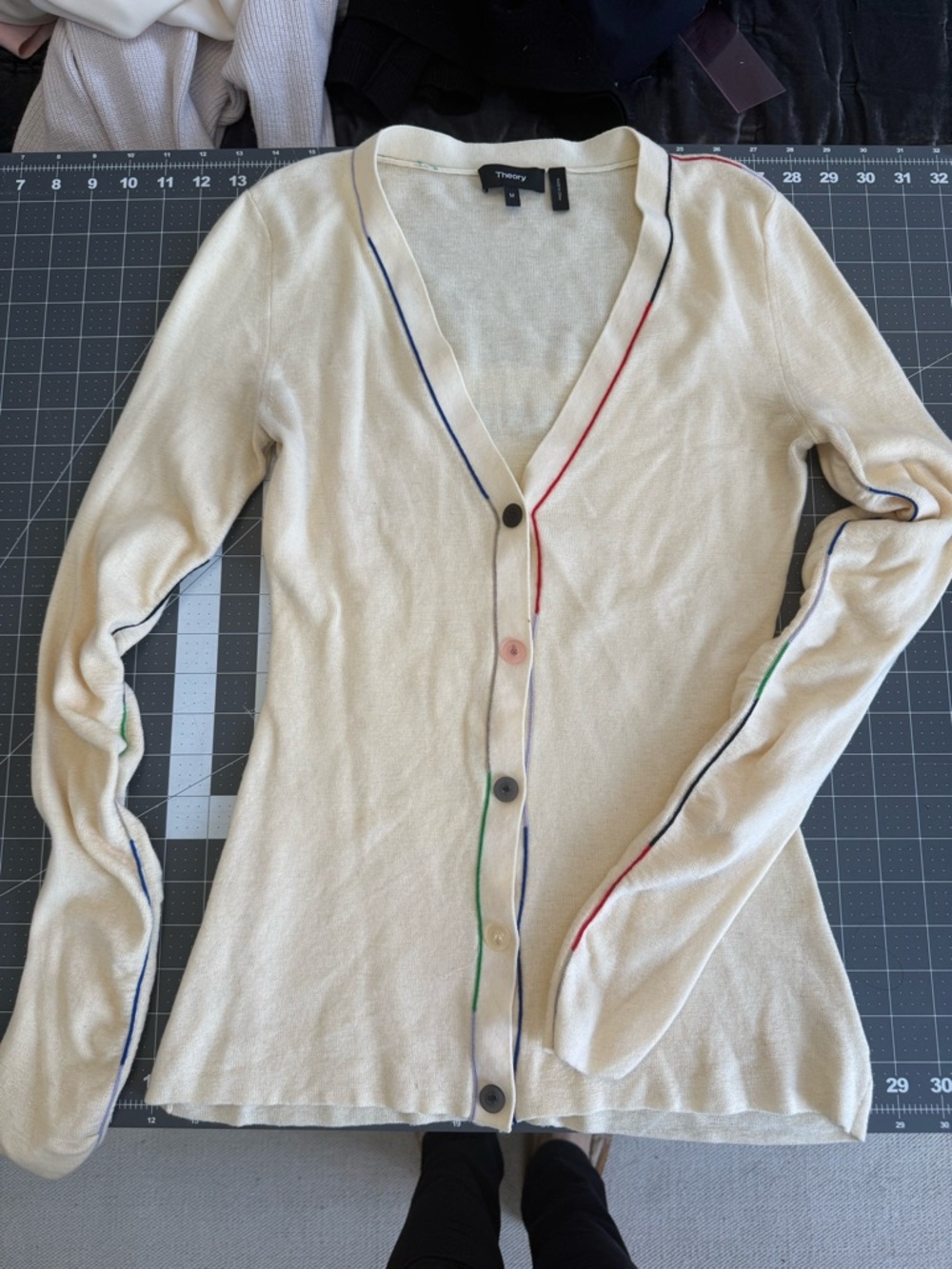 Theory Cream V-Neck Cardigan with Multicolor Contrast Trim | M